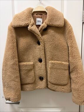 Zara Camel Teddy Coat with Patch Pockets